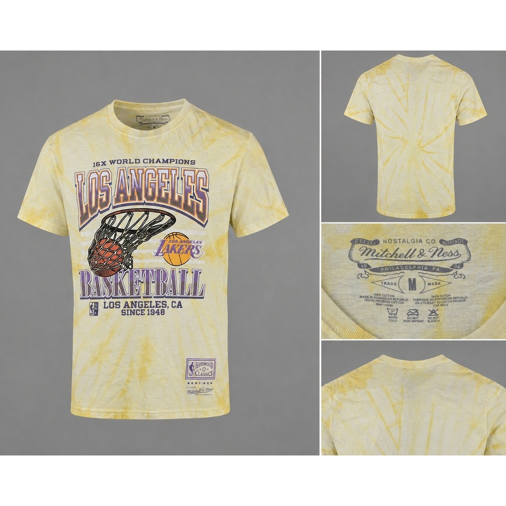Mitchell & Ness Lakers T Shirt Mens Medium Yellow Tie Dye NBA Hardwood Classics